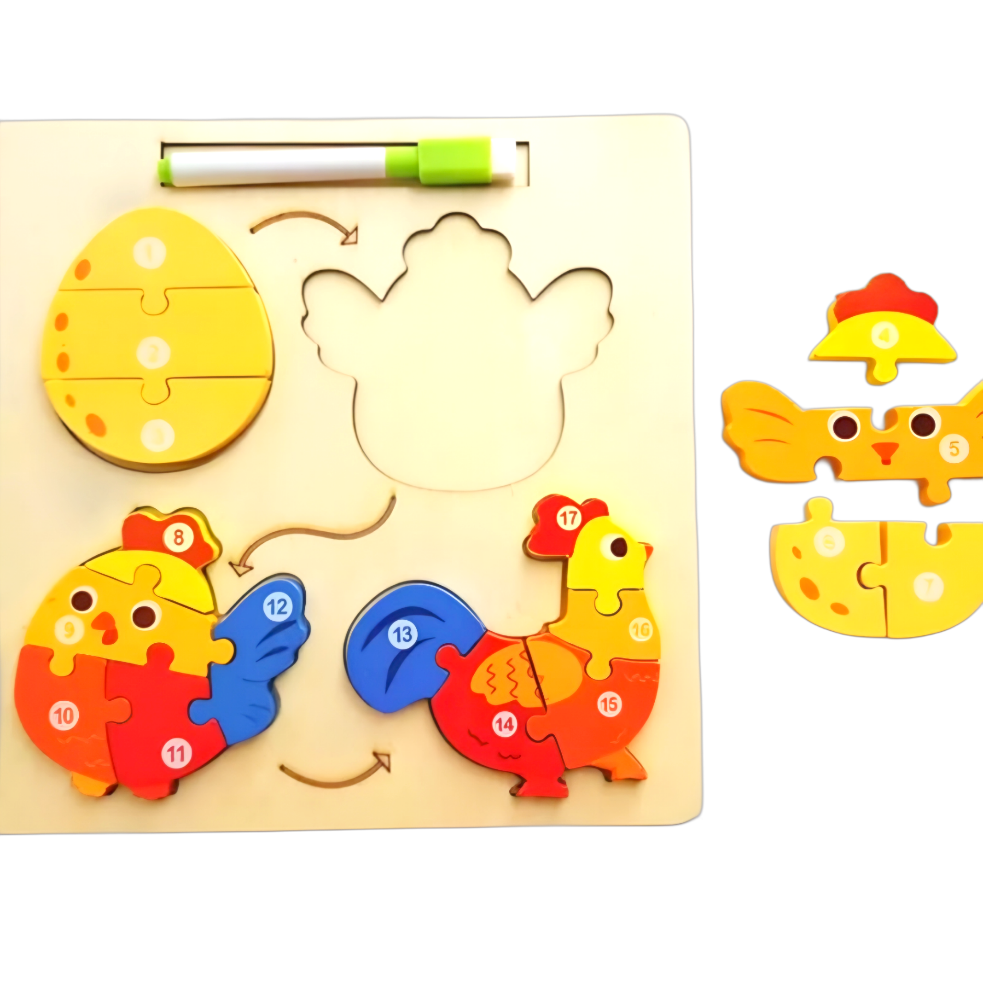 Dřevěné vkládací puzzle čísla /zrození slepice 