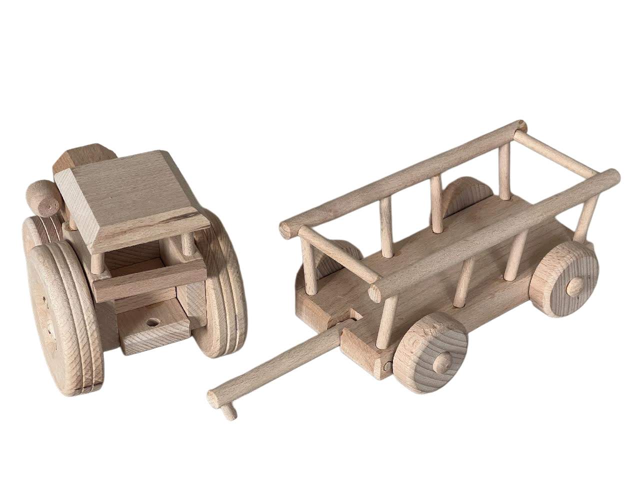 Dřevěný traktor s vlečkou 