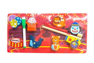 Dřevěná hra 4v1 - vlož, chyť, provleč, maluj / cirkus 