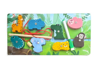 Dřevěná hra 4v1 - vlož, chyť, provleč, maluj / safari 